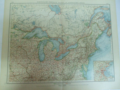 Harta color Partea de nord - est a Statelor Unite si sud - estul Canadei Leipzig 1899 foto