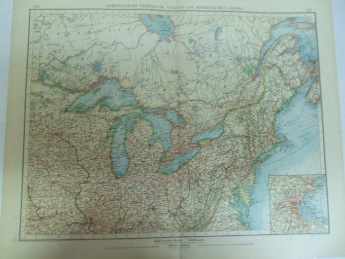 Harta color Partea de nord - est a Statelor Unite si sud - estul Canadei Leipzig 1899