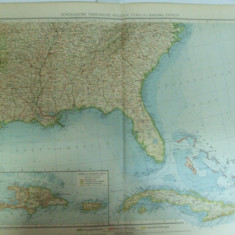 Harta color Partea de sud - est a Statelor Unite Cuba si Bahamas Leipzig 1899