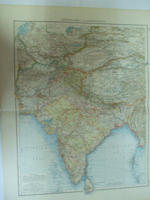 Harta color Asia Centrala India Pakistan Bangladesh Sri Lanka Afganistan Tibet Leipzig 1899 foto