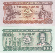 Bancnota Mozambic 50 si 100 Meticais 1986/ 89 - P129b/ 130c UNC ( set x2 ) foto