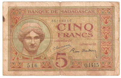 MADAGASCAR 5 FRANCS FRANCI ND (ca.1937) Uzata foto