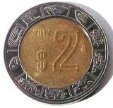 MEXIC 2 PESOS 2012 BIMETAL, 5.19 g., 23 mm **, America de Nord