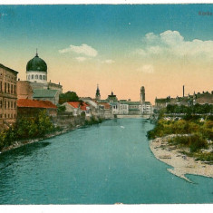 1082 - ORADEA, Synagogue, river Cris - old postcard - used - 1917