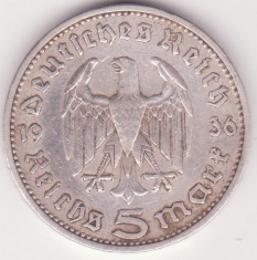 (2) MONEDA DIN ARGINT GERMANIA - 5 MARK (MARCI) 1936, LIT. A, PAUL VON HINDENBURG, PURITATE 900 foto