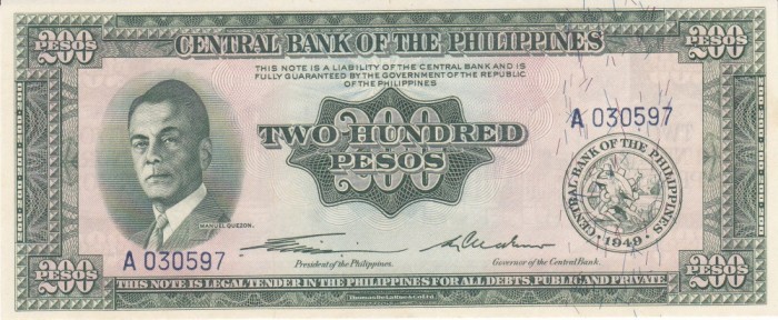 Bancnota Filipine 200 Pesos (1949) - P140 UNC (seria "englezeasca") foto mare Bancnota Filipine 200 Pesos (1949) - P140 UNC (seria "englezeasca") foto mare