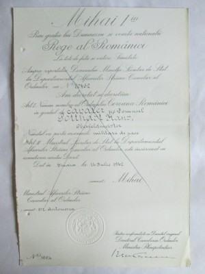 RARITATE!!! BREVET MIHAI I ORDINUL COROANA ROMANIEI IN GRAD DE CAVALER DIN 14 IULIE 1942 foto