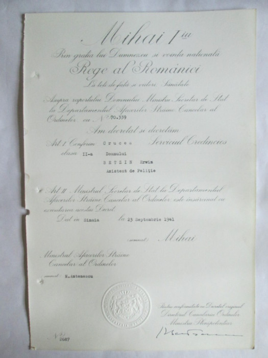 BREVET MIHAI I CRUCEA SERVICIUL CREDINCIOS CLASA II-A DIN 23 SEPT. 1941