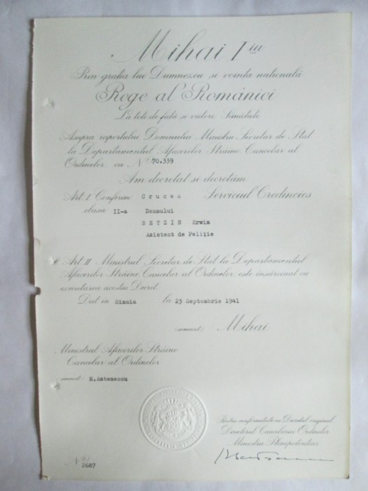 BREVET MIHAI I CRUCEA SERVICIUL CREDINCIOS CLASA II-A DIN 23 SEPT. 1941