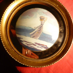 Tablou - Pictura pe sticla ,rama rotunda ,D= 20,5 cm, D.pictura ,concav= 12,5 cm