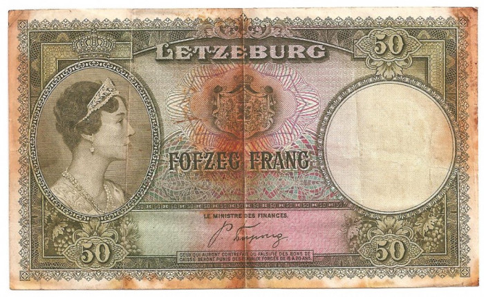 LUXEMBURG 50 FRANCI FRANCS ND(1944) UZATA