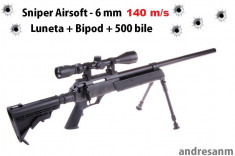 OFERTA Pusca Airsoft aer comprimat Sniper 140 m/s + Luneta + Bipod + 500 bile + Transport gratuit foto