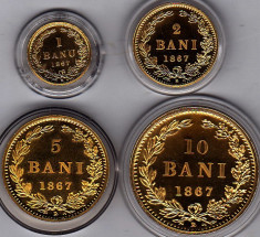 BNR 2007 set 4 buc aur pur 31,1 gr tiraj 250 b.1 BANU+2 BANI+5 BANI+10 BANI,1867 foto
