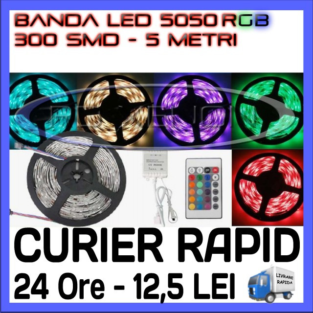ROLA BANDA 300 LED - LEDURI SMD 5050 RGB - 5 METRI, CONTROLER SI TELECOMANDA