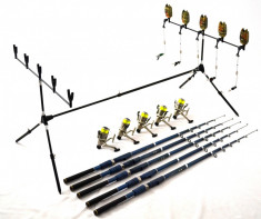 SET 5 LANSETE BLACK 3,6m CU MULINETE LC50, 5 RULMENTI SI ROD POD FULL ECHIPAT foto