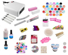 Kit Unghii False cu Set gel UV 30 culori Miley, Lampa 36 W cu 4 neoane, Ustensile aplicare gel, Elemente decor , Sclipici, Sticker foto