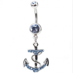 Piercing / cercel pentru buric din otel model ancora cristale albastre Anchor Diamond foto