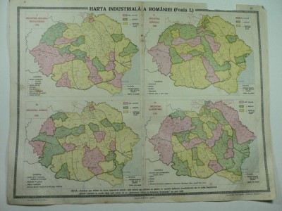 HARTA VECHE-HARTA INDUSTRIALA A ROMANIEI MARI-FOAIA I -DIN ATLAS GEOGRAFIC 1924 foto