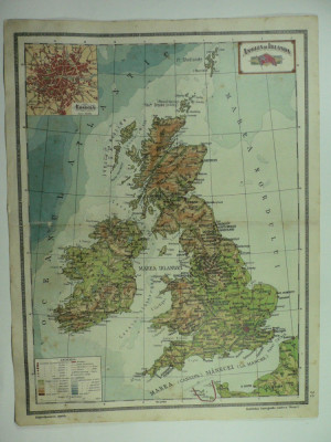 HARTA VECHE - ANGLIA SI IRLANDA - DIN ATLAS GEOGRAFIC 1924 foto