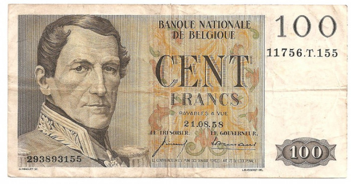 BELGIA 100 FRANCI 1958 Uzata