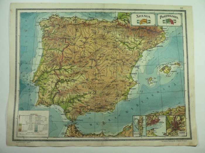 HARTA VECHE - SPANIA - PORTUGALIA - DIN ATLAS GEOGRAFIC 1924