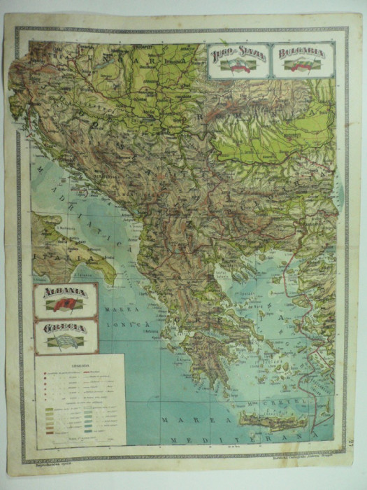 HARTA VECHE - YUGO-SLAVIA - BULGARIA - ALBANIA - GRECIA - ATLAS GEOGRAFIC 1924