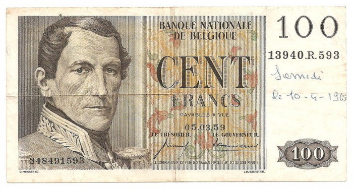 BELGIA 100 FRANCI 1959 F