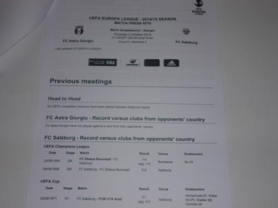 Foaie de meci fotbal (program) ASTRA Giurgiu - FC SALZBURG 02.10.2014 Europa League foto