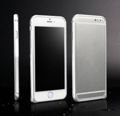 bumper argintiu din aluminiu pentru iphone 6 si folie protectie ecran cu cablu date cadou foto