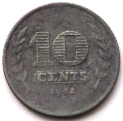 S1. OLANDA 10 CENTS CENTI 1942, 3.30 g., Zinc, 22 mm, Wilhelmina I ** foto