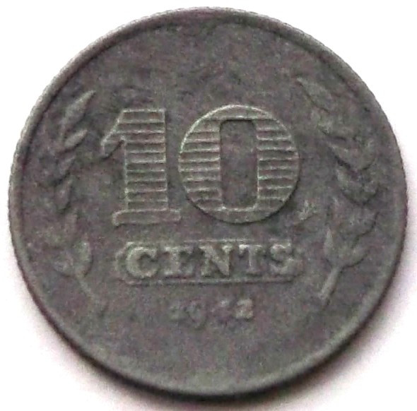 S1. OLANDA 10 CENTS CENTI 1942, 3.30 g., Zinc, 22 mm, Wilhelmina I **