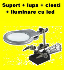 LUPA MARE + SUPORT pentru CIOCAN de LIPIT + CLESTI + LUMINA LED stativ lucru cu clestisori birou pistol cositor fludor letcon ansa foto