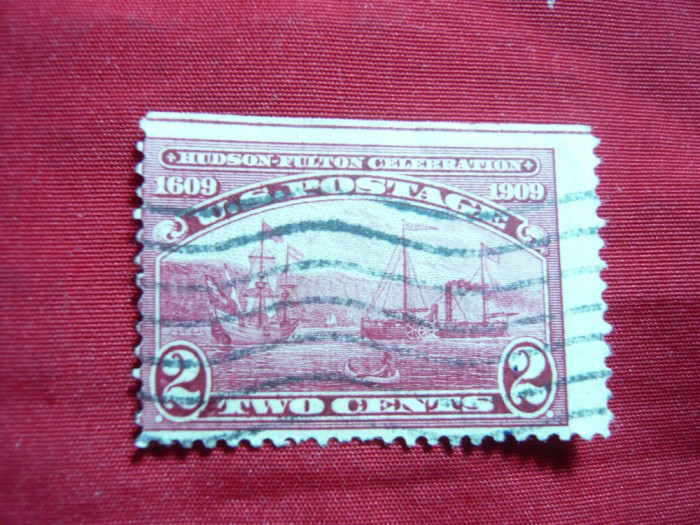 Serie 2 centi rosu -Aniversare Fulton si Canal Hudson SUA , stamp.