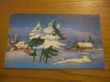 FELICITARE : tema: Iarna in Sat -- color , necirculata -- dim. 18x11 cm ( fara plic )