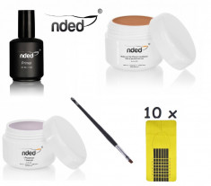 Kit uv Nded, set unghii false Germania, contine Primer, Gel 3in1 15 ml, gel camuflaj Peach Skin, pensula, sabloane, SUPER OFERTA foto