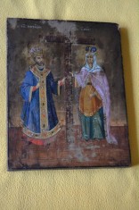 Icoana ruseasca Sfintii Constantin si Elena / Icoana veche pictata pe lemn / Icoana Rusia pictata pe lemn anii 1850-1870 foto