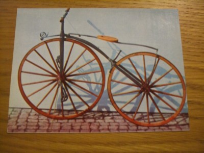 CP - BICICLETA CU ROTI DIN LEMN ( sec XIX ) - color - Necirculata foto