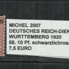 DEUTSCHES REICH DIENSTMARKEN WURTTEMBERG 1920 - 58. 10Pf.