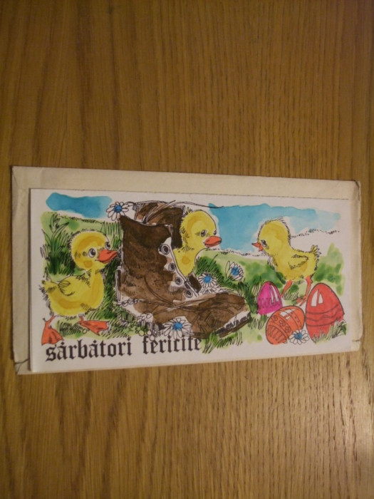 FELICITARE &quot;SARBATORI FERICITE &quot; - Oua rosii si puisori - dim. :18x9cm