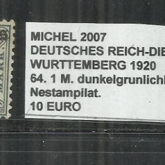 DEUTSCHES REICH DIENSTMARKEN WURTTEMBERG 1920 - 64, 1M.