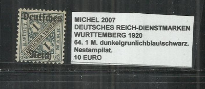 DEUTSCHES REICH DIENSTMARKEN WURTTEMBERG 1920 - 64, 1M. foto