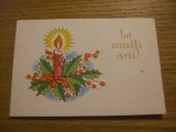 FELICITARE * &quot; LA MULTI ANI&quot; * cu lumanare aprinsa aplicat pe carton - dim. : 10.5x7cm ( fara plic )