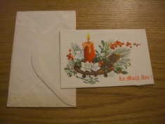 FELICITARE &quot;LA MULTI ANI ! &quot; cu Flori si lumanare aprinsa - dim. :13x8,5cm