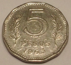 S1. ARGENTINA 5 PESOS 1963, 4 g., Nickel Clad Steel, 21.5 mm, Sarmiento ** foto