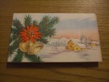 Felicitare Anul Nou cu Brad, Clopotei, Peisaj Iarna 14x8cm, Fara Plic, Carte Postala Tematica Iarna