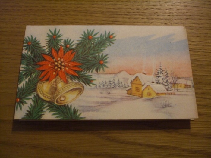 FELICITARE - Anul Nou cu Brad, Clopotei si Peisaj de iarna 14x8cm ( fara plic )