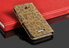 Husa protectie piele HTC BUTTERFLY / X920E / DELUXE lux, tip portofel, model leopard, culoare - maro - LIVRARE GRATUITA prin Posta la plata cu cardul foto