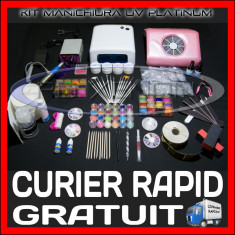 KIT SET UNGHII FALSE GEL UV MANICHIURA - VARIANTA PLATINUM - INCLUDE LAMPA 36W, PILA ELECTRICA PROFESIONALA, ASPIRATOR, GELURI - PRET MINIM, CALITATE foto