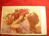 Ilustrata -Femeie cu Trandafiri - semnata Corbeli ,interbelica
