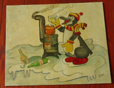 Tablou fara rama - pictura pinguin cu fular si caciula - semnat Giorgio !!! foto